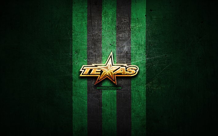 Texas Estrellas, de oro logotipo, AHL, verde metal de fondo, de la american hockey equipo, Liga Americana de Hockey, Texas Estrellas logotipo, hockey, estados UNIDOS