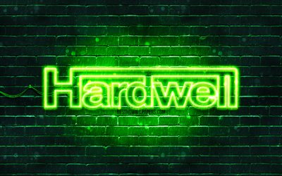 Hardwell green logo, 4k, superstars, dutch DJs, green brickwall, Hardwell logo, Robbert van de Corput, Hardwell, music stars, Hardwell neon logo