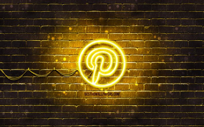 Pinterest keltainen logo, 4k, keltainen brickwall, Pinterest logo, sosiaaliset verkostot, Pinterest neon-logo, Pinterest