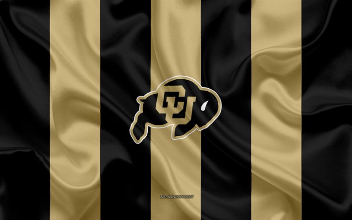 Colorado Buffaloes, American football team, emblem, silk flag, gold black silk texture, NCAA, Colorado Buffaloes logo, Boulder, Colorado, USA, American football