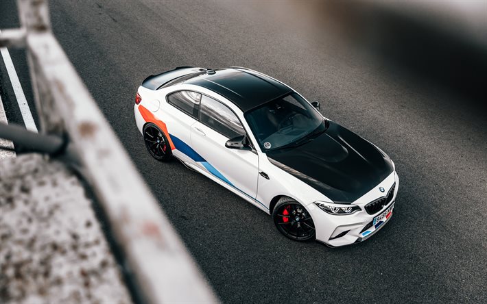 2020, BMW M2, M Performance, F87, top view, white sports coupe, tuning M2, white M2, German cars, BMW
