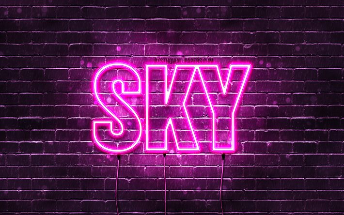 Sky, 4k, tapeter med namn, kvinnliga namn, Sky namn, lila neon lights, Grattis P&#229; F&#246;delsedagen Himlen, bild med Sky namn