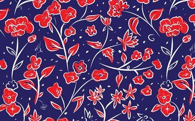 retro floral de textura, flores de color rojo sobre un fondo azul, retro flores rojas textura, flores retro de fondo, las hojas de color rojo de textura, de color rojo-azul floral de fondo