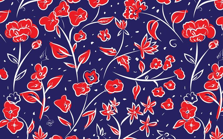 r&#233;tro floral, texture, des fleurs rouges sur fond bleu, r&#233;tro fleurs rouges de la texture, de fleurs r&#233;tro arri&#232;re-plan, le rouge des feuilles de texture, rouge-bleu floral fond