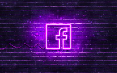 Facebook violet logo, 4k, violet brickwall, Facebook logo, social networks, Facebook neon logo, Facebook