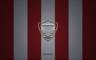 Hatayspor logo, Turkish football club, metal emblem, red and white metal mesh background, TFF 1 Lig, Hatayspor, TFF First League, Antakya, Turkey, football