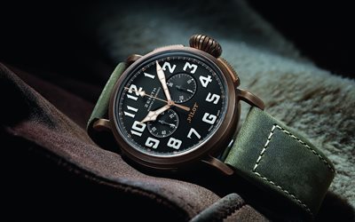 ゼニストパイロット, 4k, 腕時計, マクロ, 緑の時計, Zenith