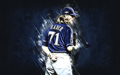 Josh Hader, Milwaukee Brewers, MLB, amerikkalainen baseball-pelaaja, muotokuva, sininen kivi tausta, baseball, Major League Baseball