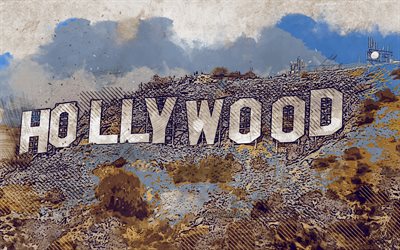 Cartel de Hollywood, en Los &#193;ngeles, California, estados UNIDOS, grunge arte, arte creativo, pintado cartel de Hollywood, dibujo, cartel de Hollywood de la abstracci&#243;n, el arte digital