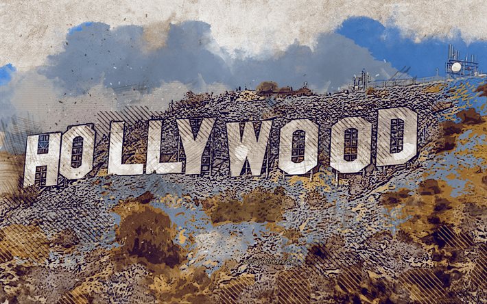 Hollywood-skylten, Los Angeles, Kalifornien, USA, grunge konst, kreativ konst, m&#229;lade Hollywood-skylten, ritning, Hollywood-skylten abstraktion, digital konst