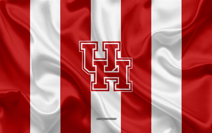 Houston Cougars, American football team, emblem, silk flag, red and white silk texture, NCAA, Houston Cougars logo, Houston, Texas, USA, American football