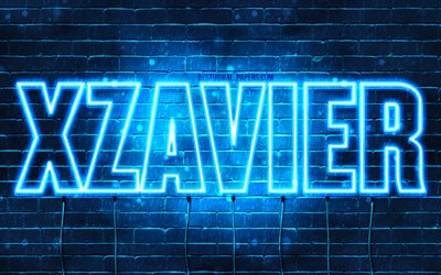 Xzavier, 4k, tapeter med namn, &#246;vergripande text, Xzavier namn, Grattis P&#229; F&#246;delsedagen Xzavier, bl&#229;tt neonljus, bilden med namn Xzavier