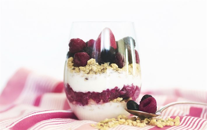 dessert with raspberries, berries, yogurt, milk desserts, raspberries, yogurt with raspberries