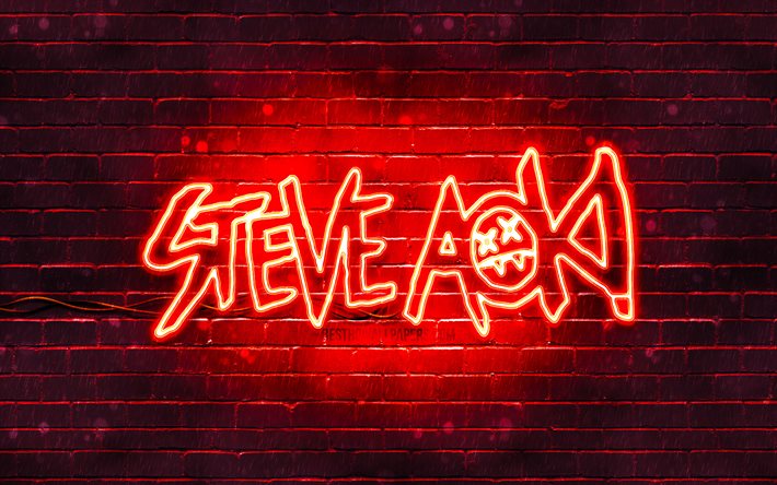 Steve Aoki logotipo rojo, 4k, superestrellas, american Dj, rojo brickwall, Steve Aoki, logotipo, Steve Hiroyuki Aoki, estrellas de la m&#250;sica, Steve Aoki ne&#243;n logotipo