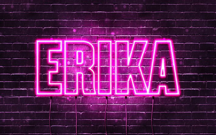 Erika, 4k, fondos de pantalla con los nombres, los nombres femeninos, Erika nombre, p&#250;rpura luces de ne&#243;n, Feliz Cumplea&#241;os Erika, la imagen con el nombre Erika