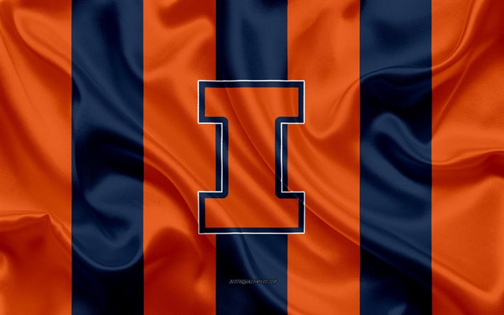 Illinois Fighting Illini, Time de futebol americano, emblema, seda bandeira, laranja-azul de seda textura, NCAA, Illinois Fighting Illini logotipo, Champaign, Illinois, EUA, Futebol americano, Universidade de Illinois