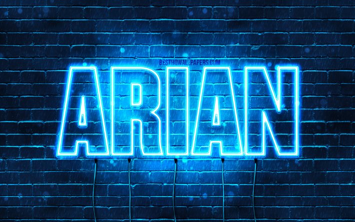 arian, 4k, tapeten, die mit namen, horizontaler text, arian namen, happy birthday, blue neon lights, bild mit arian namen