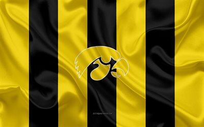Iowa Hawkeyes, American football team, emblem, silk flag, yellow-black silk texture, NCAA, Iowa Hawkeyes logo, Iowa City, Iowa, USA, American football, University of Iowa Athletics
