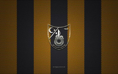 Istanbulspor AS logo, Turkish football club, metal emblem, yellow-black metal mesh background, TFF 1 Lig, Istanbulspor AS, TFF First League, Istanbul, Turkey, football
