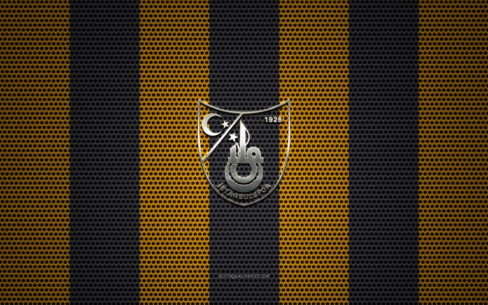 istanbulspor as-logo, t&#252;rkische fu&#223;ball-club, metall-emblem, yellow-black-metal-mesh-hintergrund, tff 1 lig, istanbulspor as, tff erste liga, istanbul, t&#252;rkei, fu&#223;ball