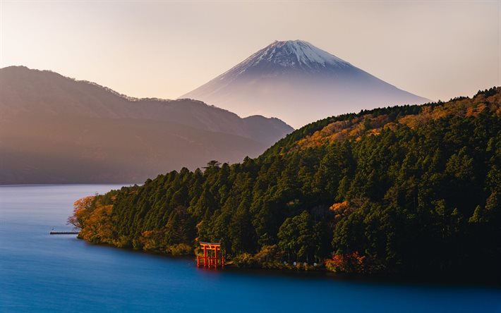 Lake Ashi, Torii, Fuji Dağı, akşam, G&#252;n batımı, dağ manzarası, Stratovolkan, Kanagawa, Japonya, Japon kırmızı kapı