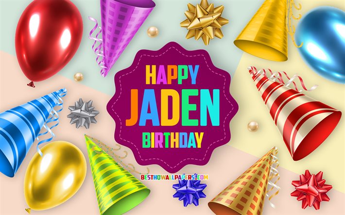 Happy Birthday Jaden, 4k, Birthday Balloon Background, Jaden, creative art, Happy Jaden birthday, silk bows, Jaden Birthday, Birthday Party Background
