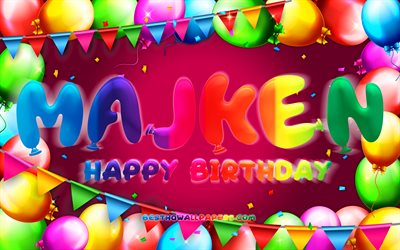 Happy Birthday Majken, 4k, colorful balloon frame, Majken name, purple background, Majken Happy Birthday, Majken Birthday, popular swedish female names, Birthday concept, Majken