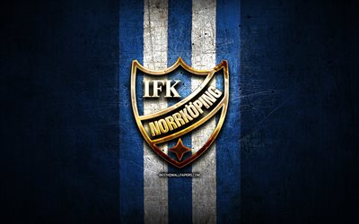 Norrkoping FC, golden logo, Allsvenskan, blue metal background, football, IFK Norrkoping, swedish football club, Norrkoping logo, soccer, Sweden