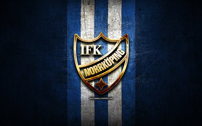 Norrk&#246;ping FC, de oro logotipo, Allsvenskan, de metal de color azul de fondo, el f&#250;tbol, el IFK Norrk&#246;ping, suecia club de f&#250;tbol, Norrk&#246;ping, logo, futbol, Suecia