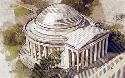 Jefferson Memorial, Washington, USA, grunge art, creative art, maalattu Jefferson Memorial, piirustus, Jefferson Memorial abstraktio, digitaalista taidetta