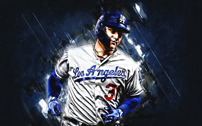 Joc Pederson, Los Angeles Dodgers, MLB, american baseball, portrait, blue stone background, baseball, Major League Baseball