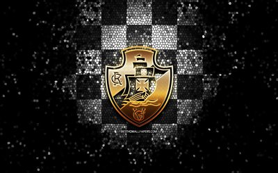 Vasco da Gama FC, glitter logotyp, Serien, svart-vit-rutig bakgrund, fotboll, Vasco da Gama, brasiliansk fotboll club, Vasco da Gama-logotyp, mosaik konst, Brasilien