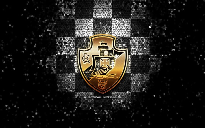 Vasco da Gama FC, glitter logo, Serie A, black white checkered background, soccer, Vasco da Gama, brazilian football club, Vasco da Gama logo, mosaic art, football, Brazil