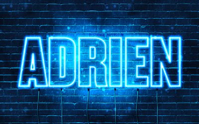 Adrien, 4k, sfondi per il desktop con i nomi, il testo orizzontale, Adrien nome, Felice Compleanno Adrien, neon blu, l&#39;immagine con il nome di Adrien