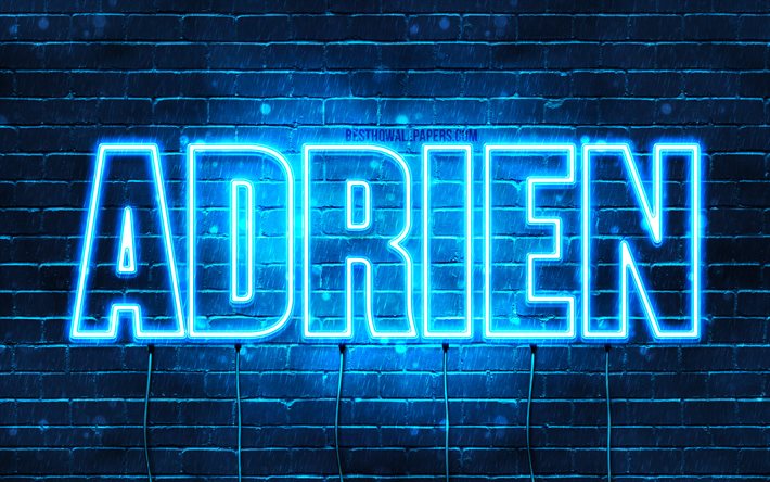 Adrien, 4k, tapeter med namn, &#246;vergripande text, Adrien namn, Grattis P&#229; F&#246;delsedagen Adrien, bl&#229;tt neonljus, bild med Adrien namn