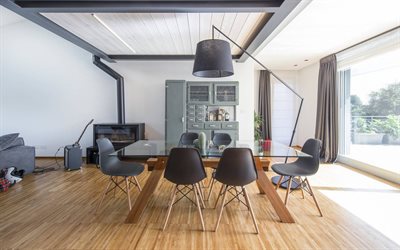 comedor moderno dise&#241;o, estilo loft, interior de estilo, tipo loft para la sala de estar, mesa de comedor de cristal con patas de madera