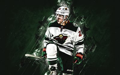 Kevin Fiala, Minnesota Wild, NHL, swiss hockey player, portrait, green stone background, hockey, National Hockey League