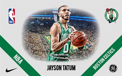 Jayson Tatum, Boston Celtics, American Basketball Player, NBA, portrait, USA, basketball, TD Garden, Boston Celtics logo