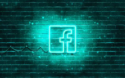 Facebook turchese logo, 4k, turchese, brickwall, Facebook logo, social network, Facebook neon logo, Facebook