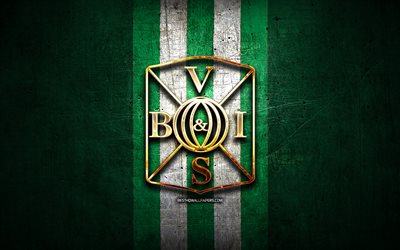 Varbergs BoIS FC, logo dorato, Allsvenskan, verde, metallo, sfondo, calcio Varbergs FC, svedese squadra di calcio Varbergs BoIS logo, calcio, Svezia