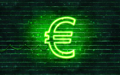 Euro yeşil işaret, 4k, yeşil brickwall, Euro işareti, para birimi işaretleri, Euro neon tabela, Euro