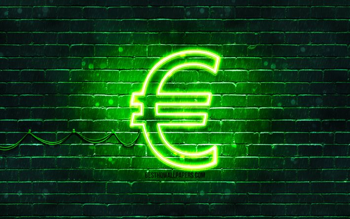 Euro vihre&#228; merkki, 4k, vihre&#228; brickwall, Euron merkki, valuutta merkkej&#228;, Euro neon merkki, Euro