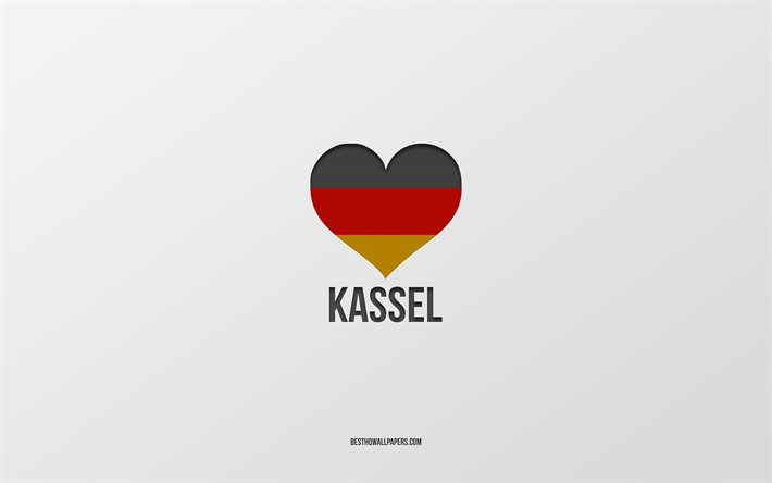 أنا أحب كاسل, المدن الألمانية, خلفية رمادية, ألمانيا, العلم الألماني القلب, كاسل, المدن المفضلة, الحب كاسل