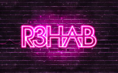R3hab roxo logotipo, 4k, superstars, holand&#234;s DJs, roxo brickwall, R3hab logotipo, El Fadil Ghoul, R3hab, estrelas da m&#250;sica, R3hab neon logotipo
