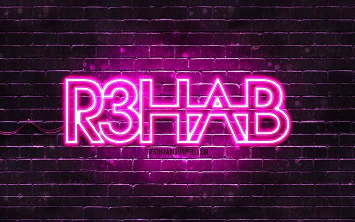 R3hab紫色のロゴ, 4k, superstars, オランダDj, 紫brickwall, R3habロゴ, Fadilエルグール, R3hab, 音楽星, R3habネオンのロゴ
