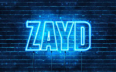 Zayd, 4k, sfondi per il desktop con i nomi, il testo orizzontale, Zayd nome, Felice Compleanno Zayd, neon blu, immagine con nome Zayd