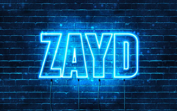 Zaid, 4k, pap&#233;is de parede com os nomes de, texto horizontal, Zaid nome, Feliz Anivers&#225;rio Zayd, luzes de neon azuis, imagem com Zaid nome