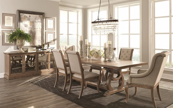 interni dal design classico, soggiorno, grande tavolo da pranzo in legno, interni dal design elegante, stile classico, sala da pranzo