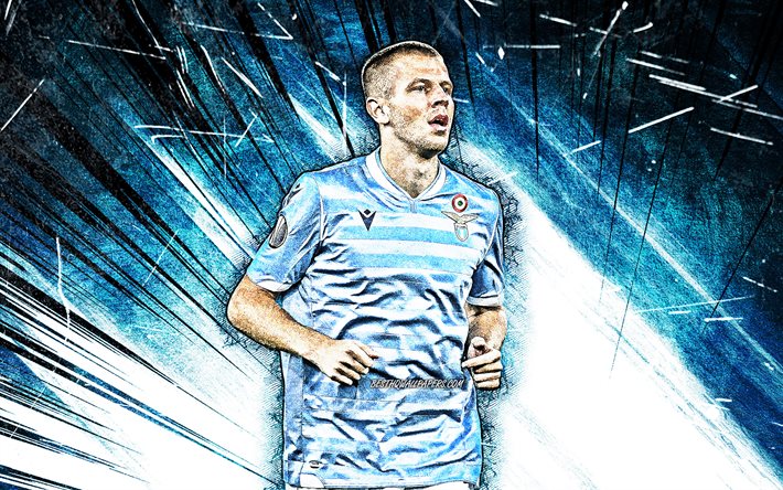 4k, Denis Vavro, grunge art, SS Lazio, slovak footballers, soccer, Serie A, Italy, blue abstract rays, Lazio FC, Vavro, Denis Vavro Lazio, football
