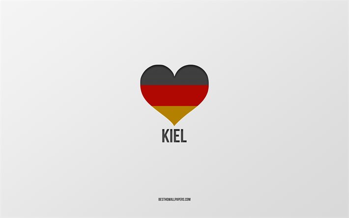 Kiel, Alman kentleri, gri arka plan, Almanya, Alman bayrağı kalp, sevdiğim şehirler, Aşk Kiel Seviyorum